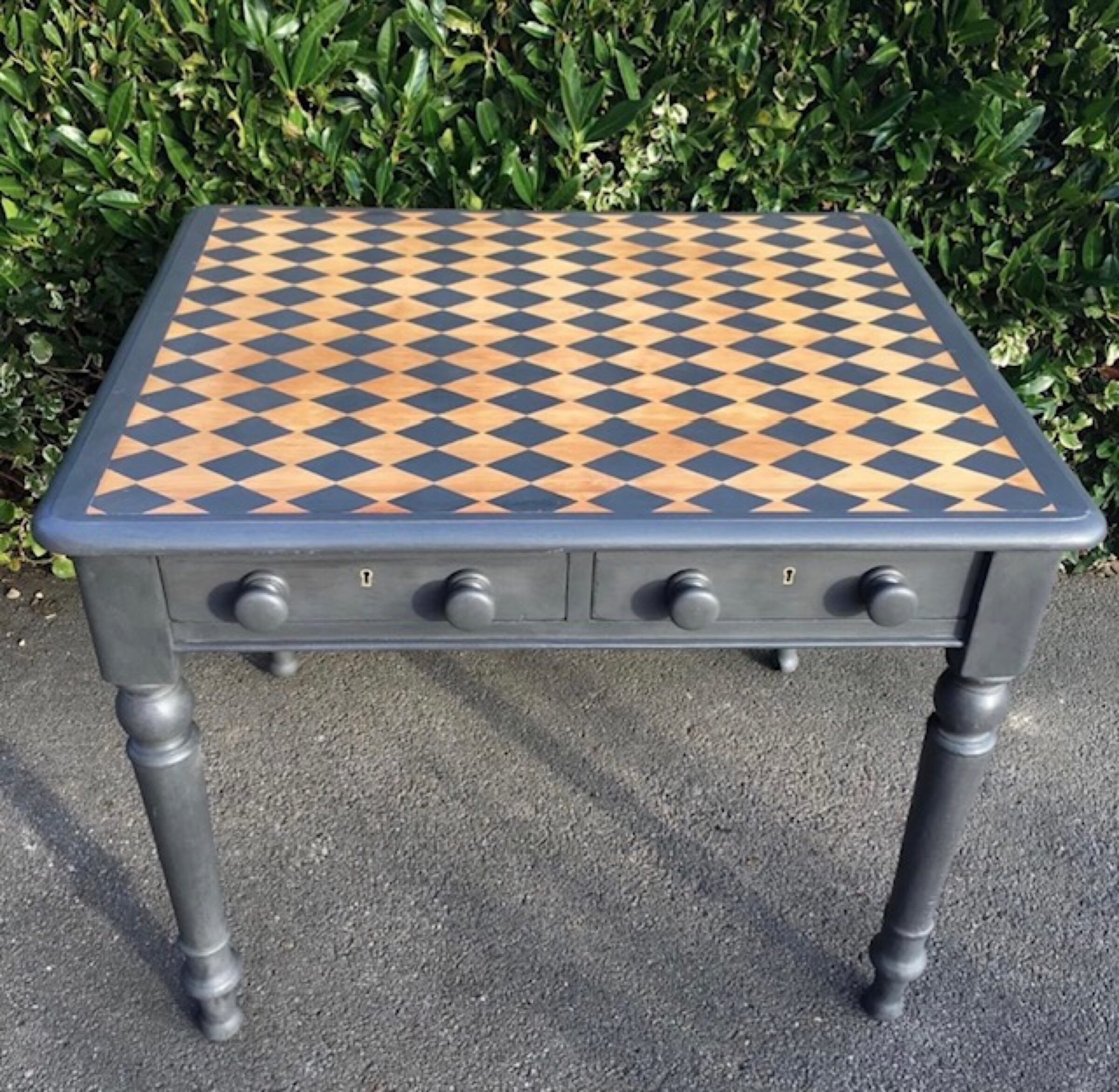 Grey table with checkered top